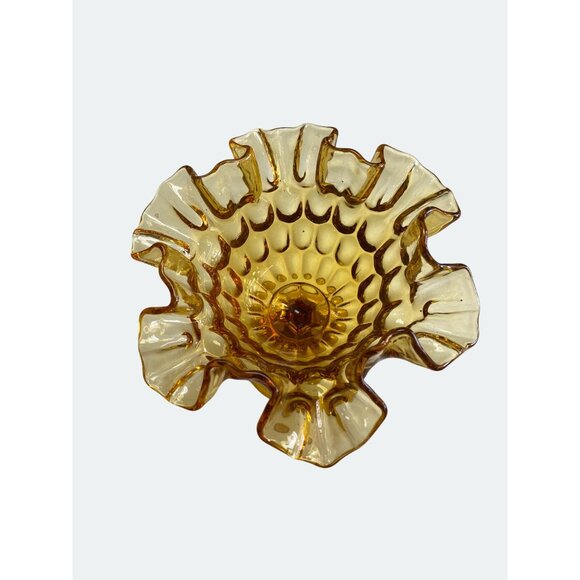 Amber Compote Ruffled Edge Glass Pedestal Vase With Textured Pattern - Picture 3 of 5
